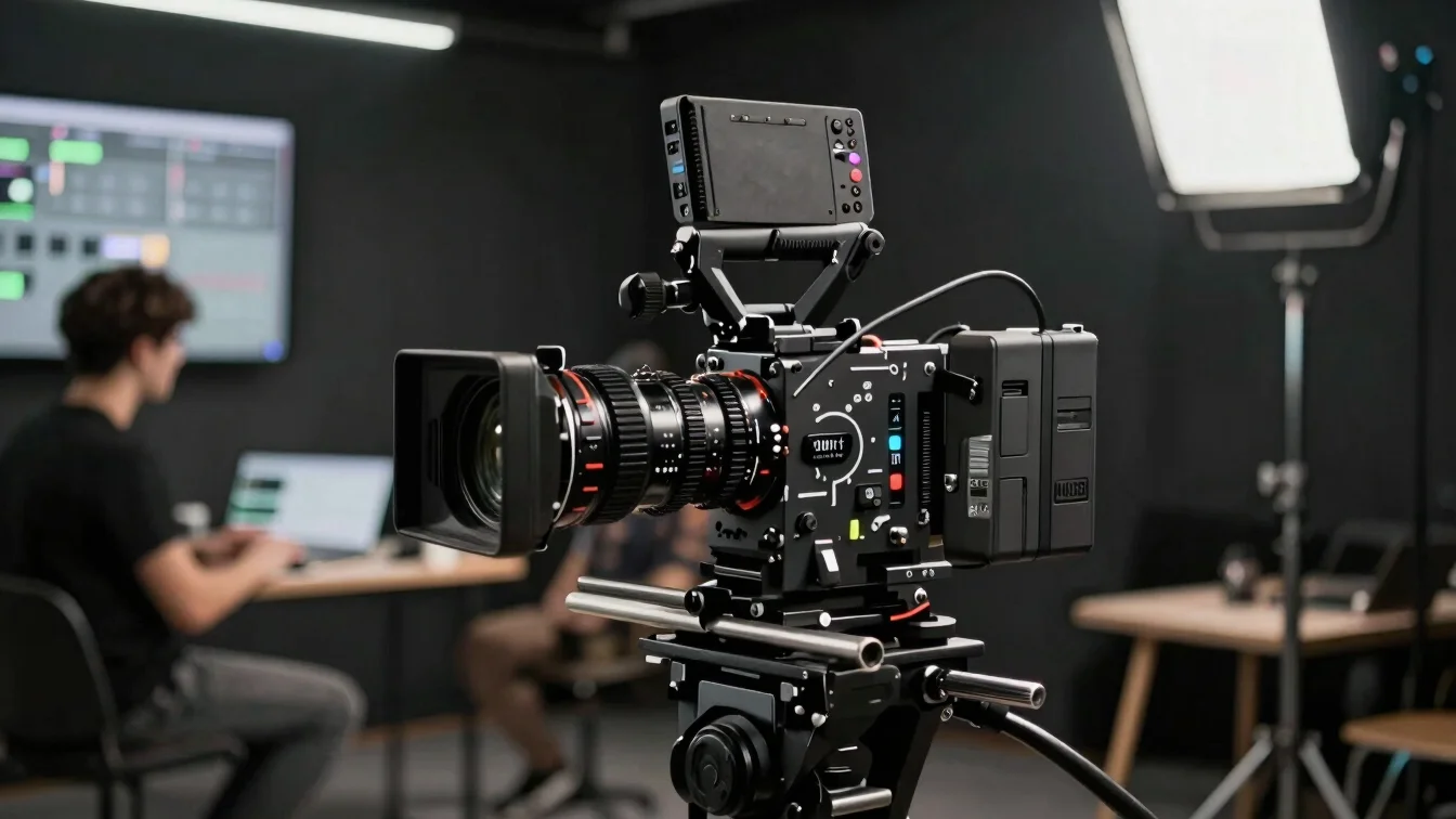Close-up of high-end cinema camera setup and storyboarding sessio