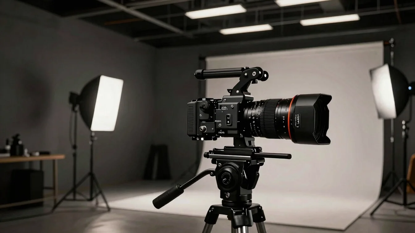 High-end content creation gear in motion inside a modern studio setting, directional lighting