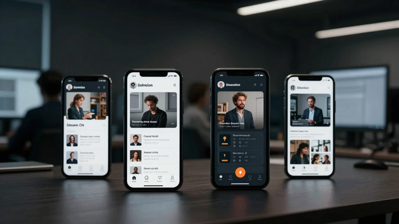 Stylized mobile screens displaying active social creative and performance metrics in a dark agency workspace