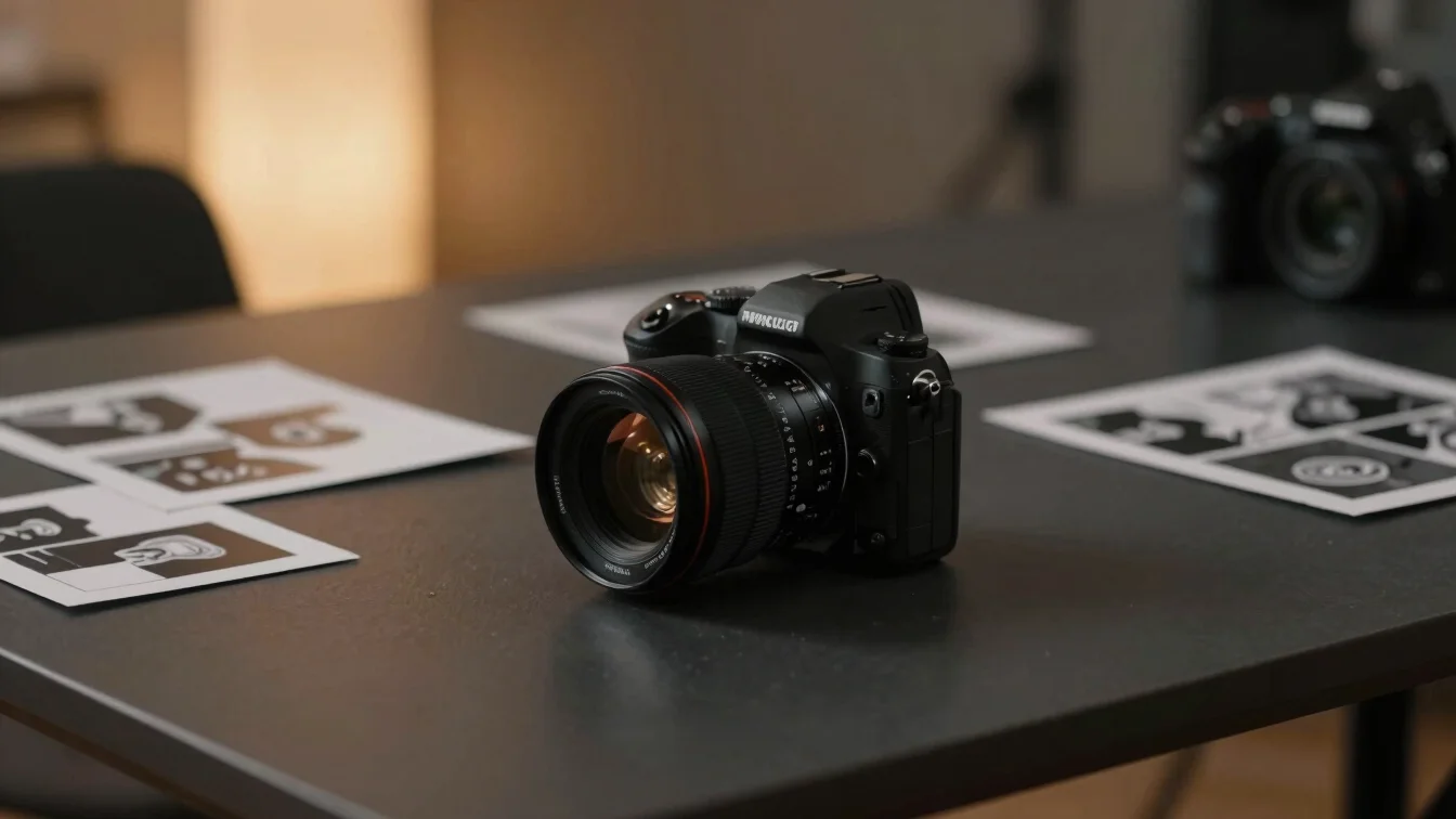 Close-up camera setups and storyboarding sessions on a dark charcoal table with warm architectural light