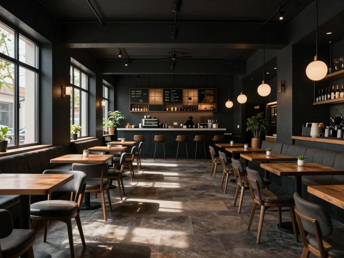 Ambient interior shots of modern boutique hotels and cafes with warm natural architectural light