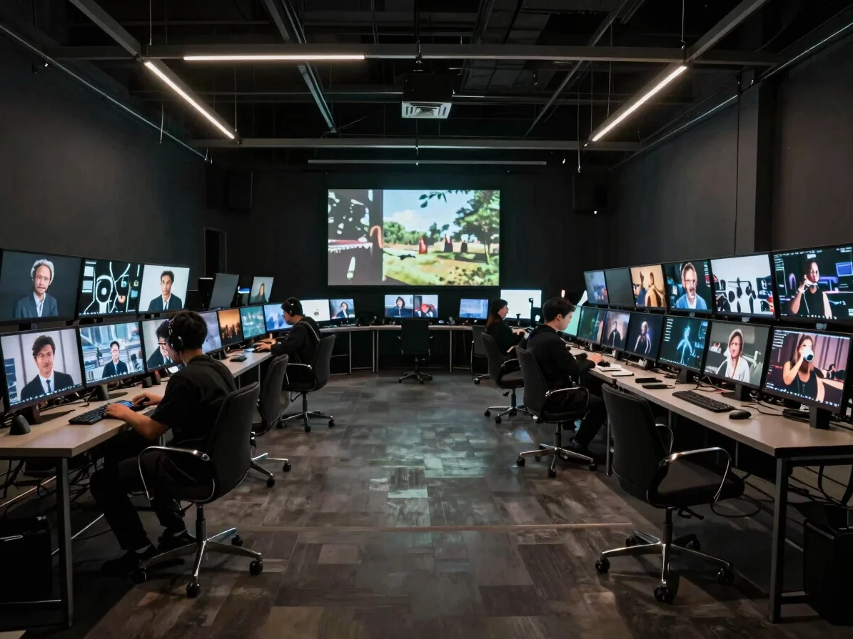 Cinematic wide shots of venue spaces paired with digital ad campaign monitoring setups