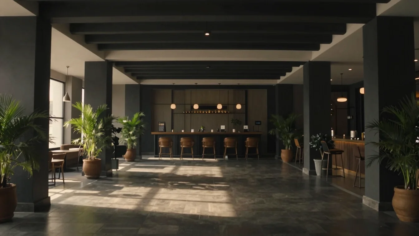Cinematic wide shot of a modern boutique hotel interior in India,