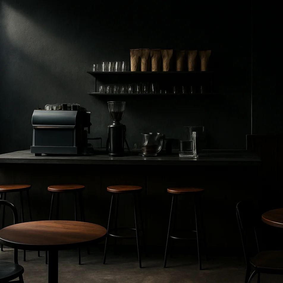 Ambient interior of a high-end specialty coffee cafe with dramati