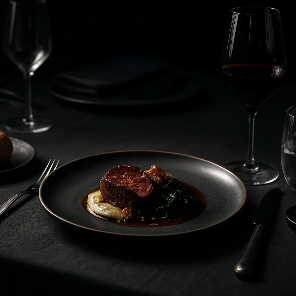 Cinematic table setting at a luxury restaurant showcasing dramati