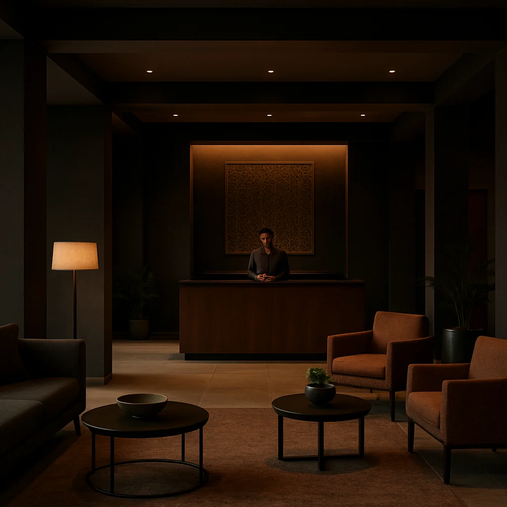 Cinematic wide shot of a modern boutique hotel lobby in India wit